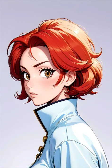 middle aged woman stands poised against a pristine white background, her design a harmonious blend of classic 90s anime aesthetics and contemporary artistry. Her features are distinctly reminiscent of the iconic 90s style - expressive eyes and a delicate f...