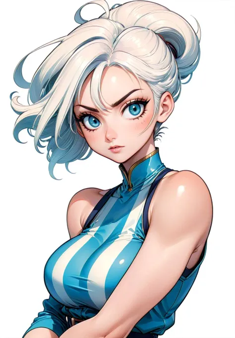 a woman with white hair and blue eyes in a blue outfit