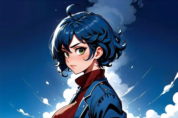 a close up of a person with a blue hair and a jacket