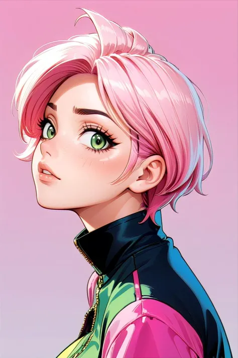 a girl with pink hair and green eyes looks up at the sky