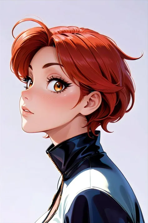 a woman with red hair and a black jacket looks off to the side