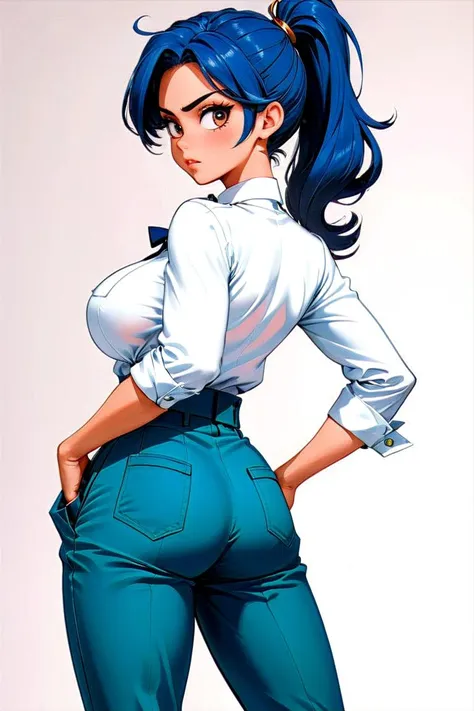 a close up of a person in a blue pants and a white shirt