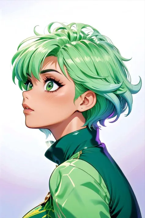 a woman with green hair and green eyes looks off to the side