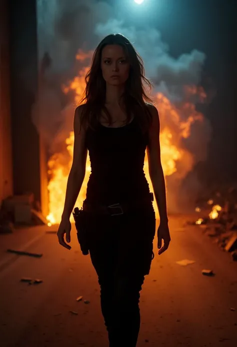 A professional, cinematic-style portrait of Summer Glau, captured with a Canon EOS 90D in stunning high resolution. She is walking calmly through a burning building filled with intense flames and thick smoke swirling around her. She wears tactical black at...