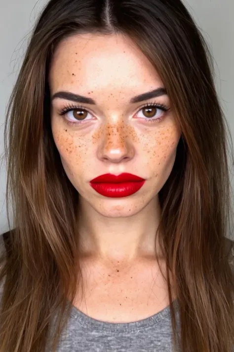 Photograph of a womans face, with a neutral expression. She has fair skin with freckles and long brown hair. Her eyes are brown, and she has minimal makeup, except for bold red lipstick. She has a slender face and wears a gray top.   <lora:makeup_art_FLUX_...