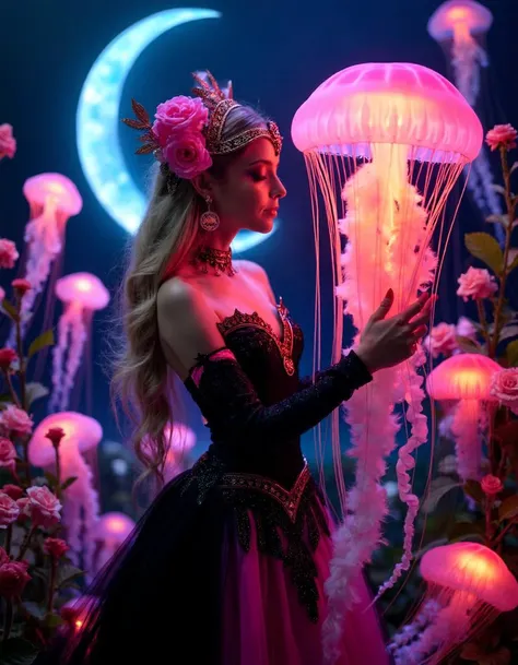 Glowing Steampunk Halloween, best quality, reality-shot, realism, realistic portrait photography of a beautiful elf princess with whimsical elements, awesome appearence, magical fairytale landscape, elaborate fantasy style art, black and light pink theme, ...