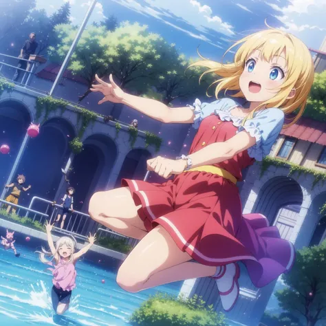 anime girl jumping in the air in front of a pool