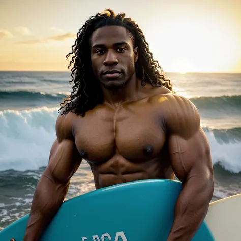 <lora:Surfing:0.5>, surfing, standing on blue surfboard, BREAK african american male, bodybuilder, hairy, massive wave, ocean, focused expression, yellow speedo, sunset, soft lighting, bright colors, golden hour, closeup