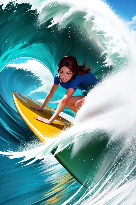 surfer in blue shirt riding a wave on a yellow surfboard