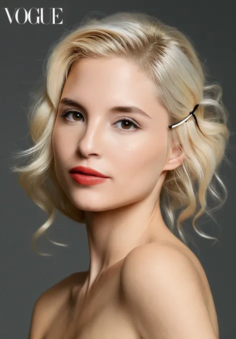 a woman with blonde hair and a red lipstick posing for a picture