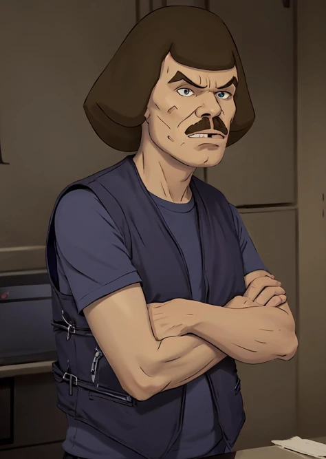 <lora:Dethklok_Metalocalypse:1> dethklok, solo, murderface, short hair, blue shirt, vest, looking at viewer, annoyed, looking to the left, (profiles:0.4), <lora:Dethklok_Metalocalypse-000012:0.9>