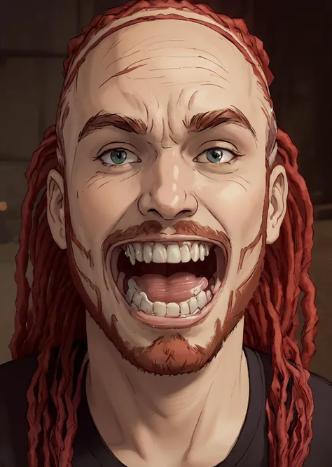 <lora:Dethklok_Metalocalypse:1> dethklok, solo, pickles, dreadlocks, beard, black sleeveless shirt, looking at viewer, clenched teeth grin, looking to the left, (profiles:0.4), <lora:Dethklok_Metalocalypse-000012:0.9>