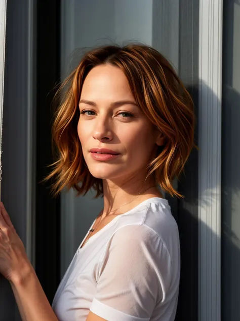 a woman with a white shirt leaning against a wall