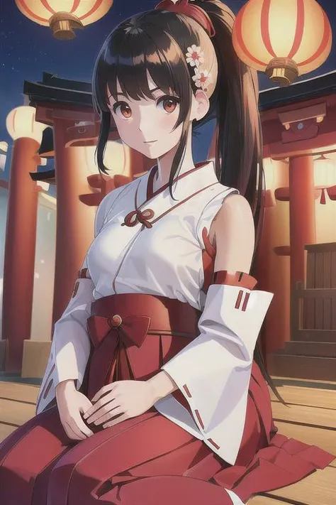 1girl (miko clothes, white sleeves, long scarlet skirt:1.5) (head accessories, hand accessories:1.7) (cute,solemn,bare face,big eyes:1.4) straight hear, black hair, long hair, ponytail BREAK (sit down, pray in shrine, small breasts, in night, japanese pape...