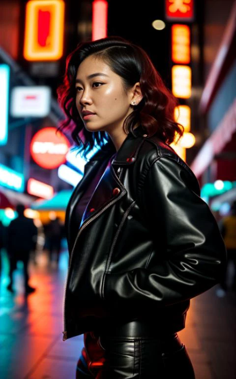 A vibrant, cinematic photograph inspired by the style of Wong Kar-wai. A young woman is captured walking along a bustling city street at night, surrounded by colorful neon lights and reflections. She wears a stylish urban outfit with a leather jacket and t...