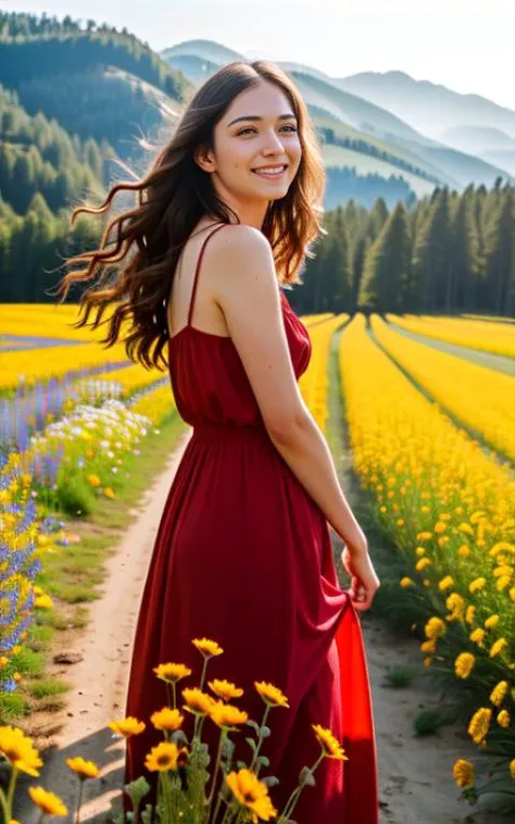 A natural, vibrant photograph capturing a woman in a striking red dress standing amidst a blooming field of wildflowers. The sun casts a warm, golden glow over the scene. The womans dress flows elegantly in the gentle breeze, complementing her flowing dark...