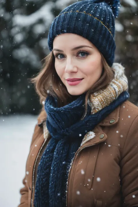 best quality, 4k, 8k, ultra highres, raw photo in hdr, sharp focus, intricate texture, skin imperfections, photograph of chk  with a dark blue wool beanie and winter scarf in the snow wearing a light brown winter jacket, brunette hair, intricate details, s...