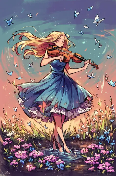 a girl in a blue dress playing a violin in a field of flowers