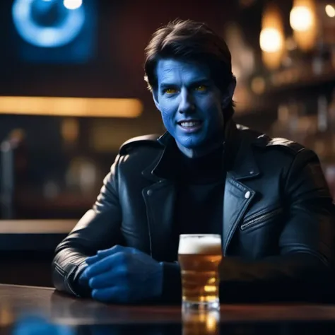 a man in a leather jacket sitting at a bar with a beer