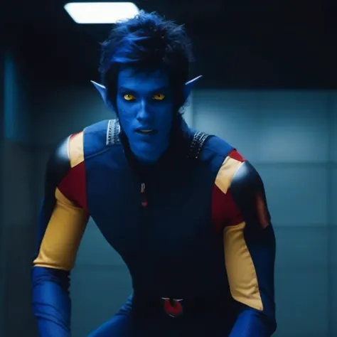 a man in a blue costume with yellow and red eyes