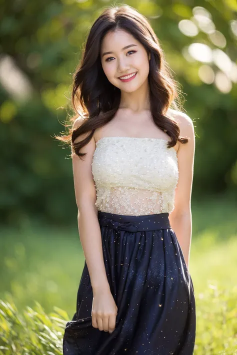 a woman in a dress standing in a field of grass