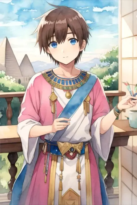 masterpiece, best quality, movie still, 1boy, solo, male focus, looking at viewer, , , (watercolor illustration, soft pastel colors:1.1), , <lora:kyouya_hashiba:0.76>, kyouya_hashiba, brown hair, blue eyes, egyptian costume, aztec, 32k resolution