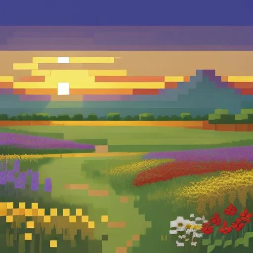 a painting of a field with flowers and a sunset in the background