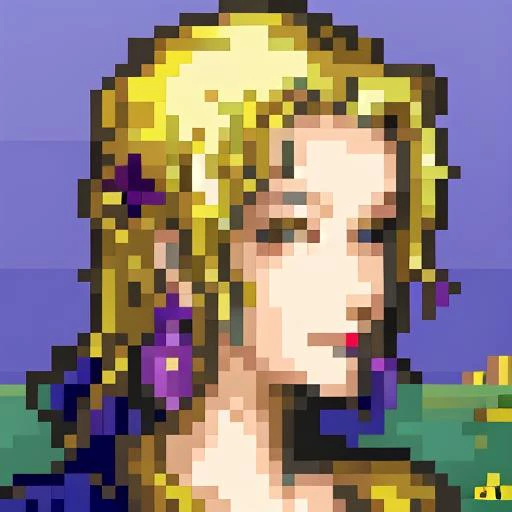 <lora:Final Fantasy 6 Portraits - V1:0.85> final_fantasy_6_portrait, snes, pixelart, blue background, landscape, meadow, flowers, sunset,