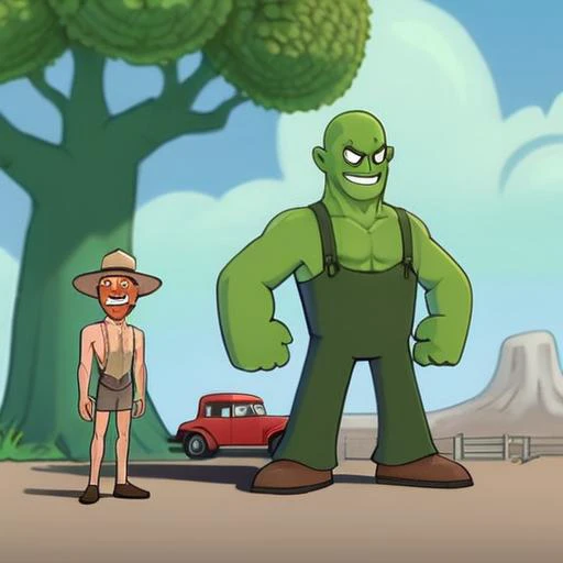 1giant green plant man,1woman, smile, 1man, hat, outdoors, multiple men, sky, day, 2men, grin, colored skin, traditional media, parody, ground vehicle, motor vehicle, car, green skin, truck, giant green man standing in background, humongous green plant man...