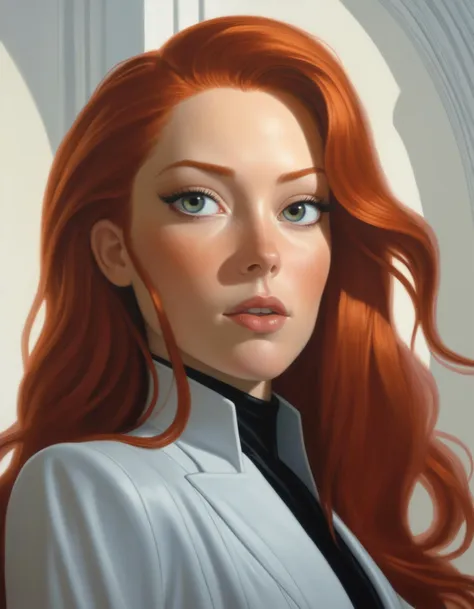 a close up of a woman with red hair and a white jacket