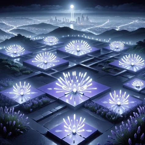 isometric style <lora:FF-Style-Astigmatism-0.2.LORA:1.2> astigmatism Style, night lights, anime key visual, ground level shot of a Dull Silver and Lavender lights, at Overcast, Ultra Real, Surprising, 80mm, High quality, (art by Ernst Haeckel:0.7) , astigm...