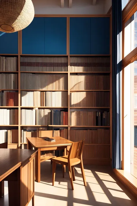 there is a table and chairs in a room with a book shelf