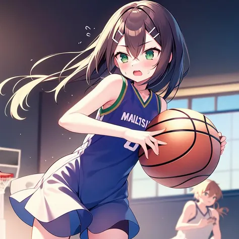 anime girl in uniform holding a basketball ball in a gym