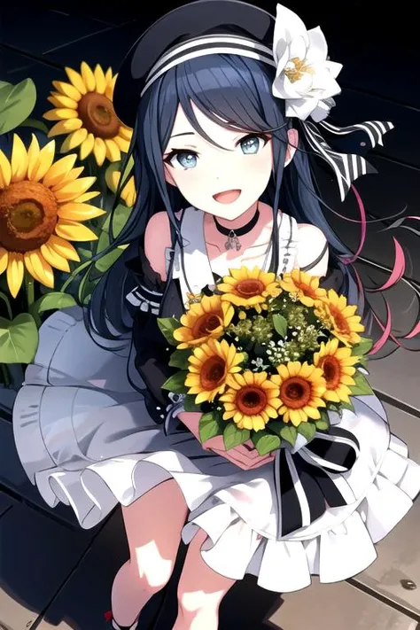 <lora:Ichika3rd-06:0.7> ,  ichika3rd, looking at viewer, smile, open mouth, hair ornament, long sleeves, hat, dress, bow, ribbon, holding, jewelry, medium breasts, standing, collarbone, full body, flower, frills, choker, striped, shiny, pants, hair flower,...