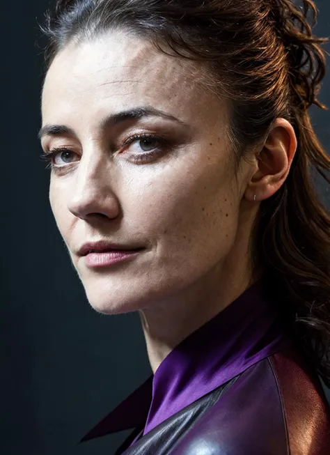 a close up of a woman with a purple shirt and a black background