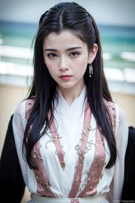 masterpiece, best quality, 1girl, aqua eyes, black hair, closed mouth, multicolored background, looking at viewer, outdoors, solo, upper body, alluring, clean, beautiful face, pure face, pale skin, sexy pose,((hanfu, chinese clothes)),long hair, ((perfect ...