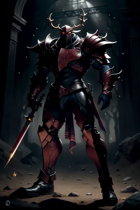 a man in armor holding a sword in a dark room