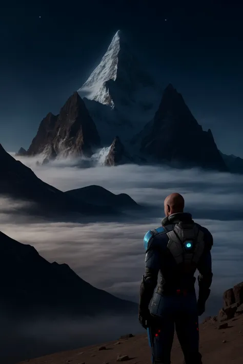 a man standing on top of a mountain looking at a mountain