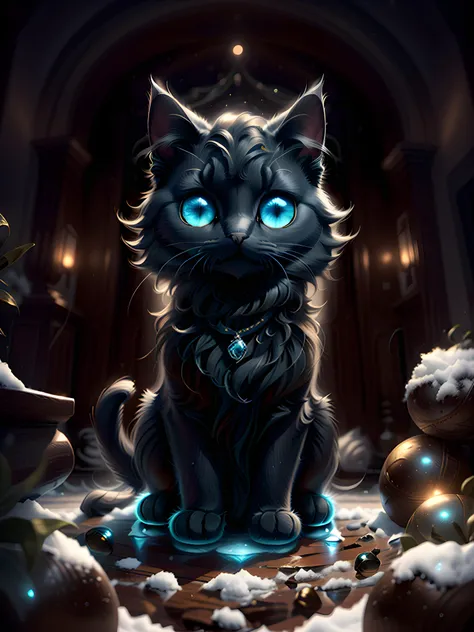 a black cat with glowing eyes sitting in front of a doorway