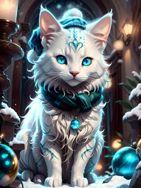 a close up of a cat with blue eyes sitting in the snow