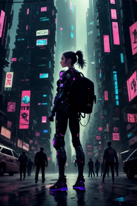 a woman in a futuristic city with neon lights and a backpack