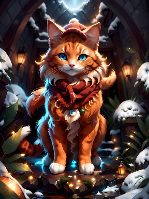 a cat with a scarf and a hat standing in a snowy forest