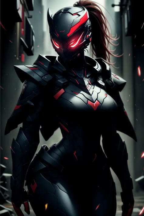 a woman in a black suit with red lights on her face