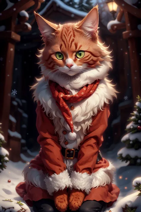 a close up of a cat wearing a santa outfit sitting on a snow covered ground