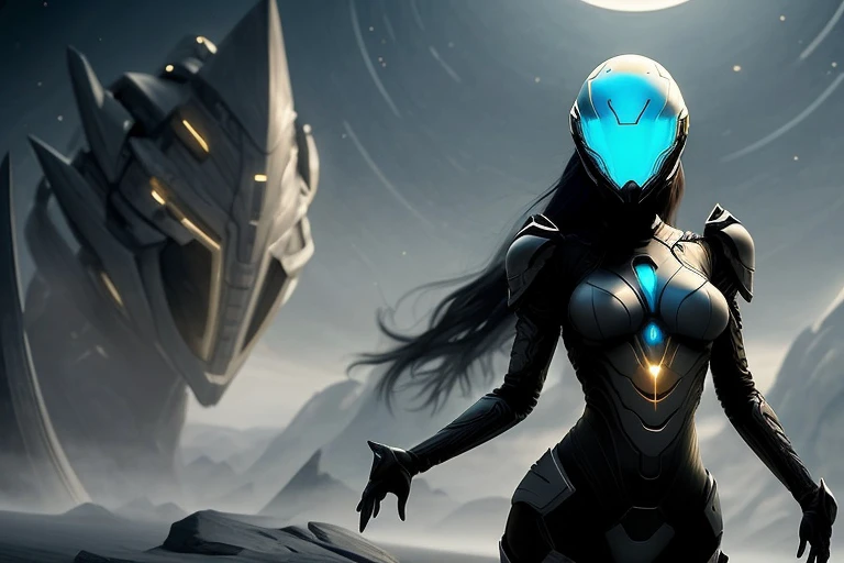 a close up of a person in a futuristic suit standing in front of a mountain