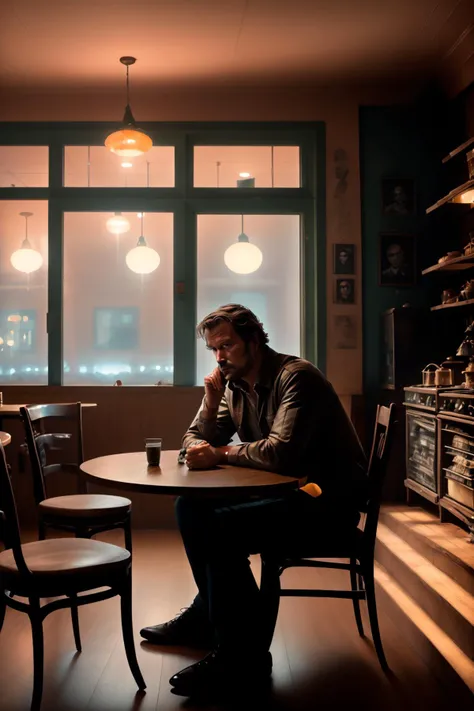 a man sitting at a table in a restaurant , Dreamlike_Diversions