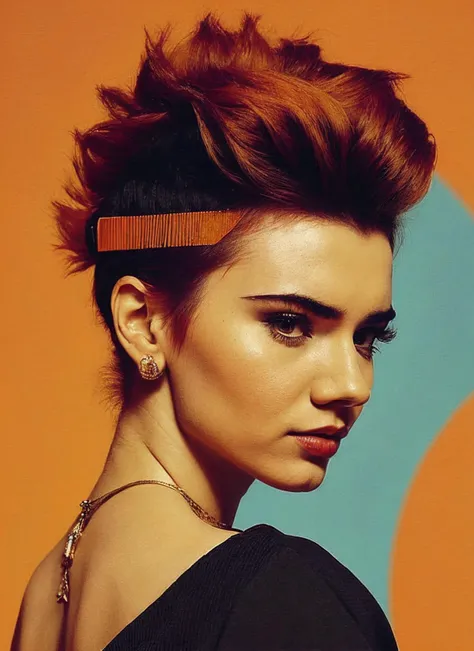 portrait of sks woman by Flora Borsi, style by Flora Borsi, bold, bright colours, orange Mohawk haircut, ((Flora Borsi)), <lora:locon_brett_v2_from_v1_64_32:1.3>