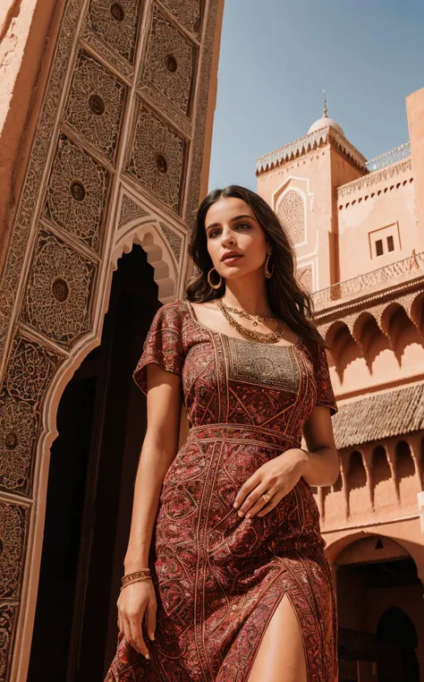 a woman in a long dress standing in front of a building