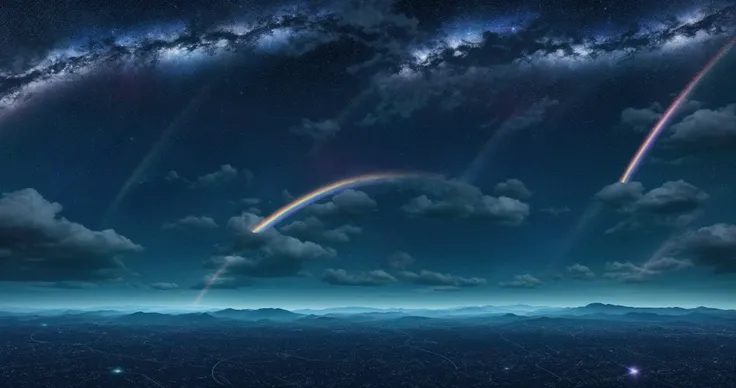 a view of a night sky with a rainbow and stars