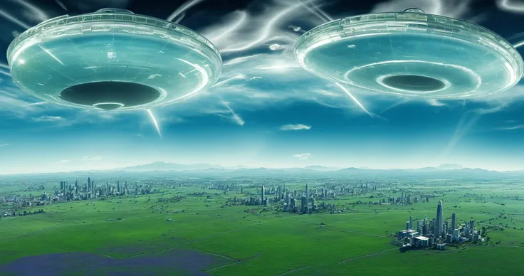 two large alien spaceships flying over a green field with a city in the background